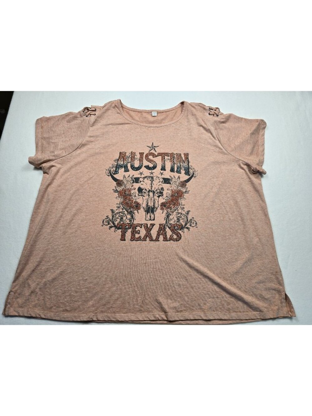 Cato Austin Texas Graphic T-Shirt 26/28W Lace-Up Shoulder Cotton Blend Beige